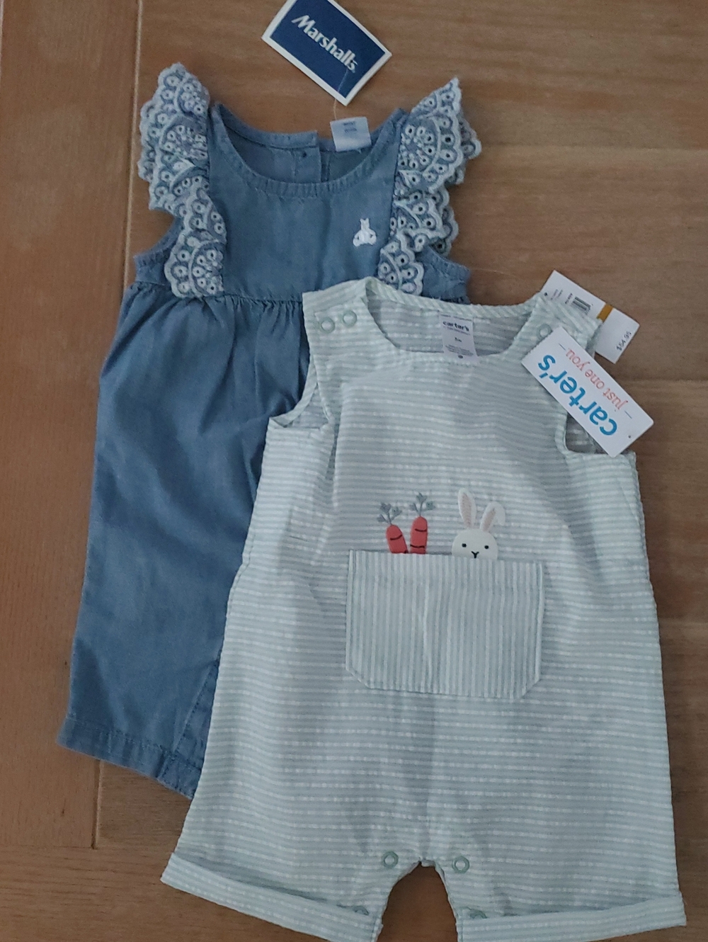 Carter's Blue Chambray Dress & Mint Striped Bunny Pocket Romper - Girls